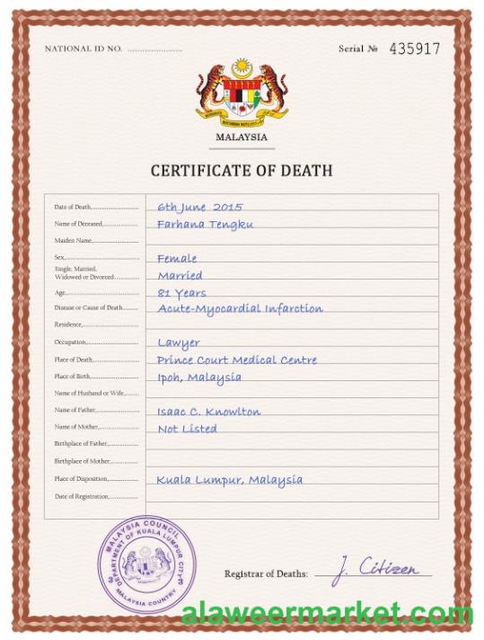 Malaysia death certificate PSD template